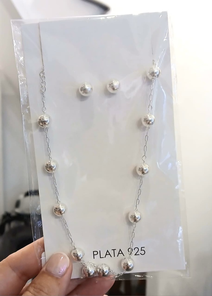 Conjunto Aros y Collar Esferas Plata Cadena Eslabones